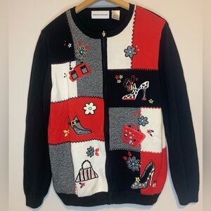 Alfred Dunner vintage women’s embroidered shoes and handbags cardigan size M